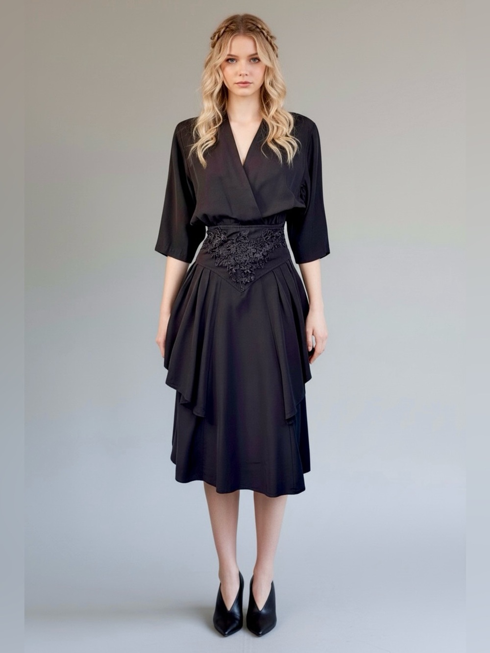 80s / 90s Gothic Minimalist Yoke Waist Deep V Witchy Midi Dress / M - Picture 1 of 12